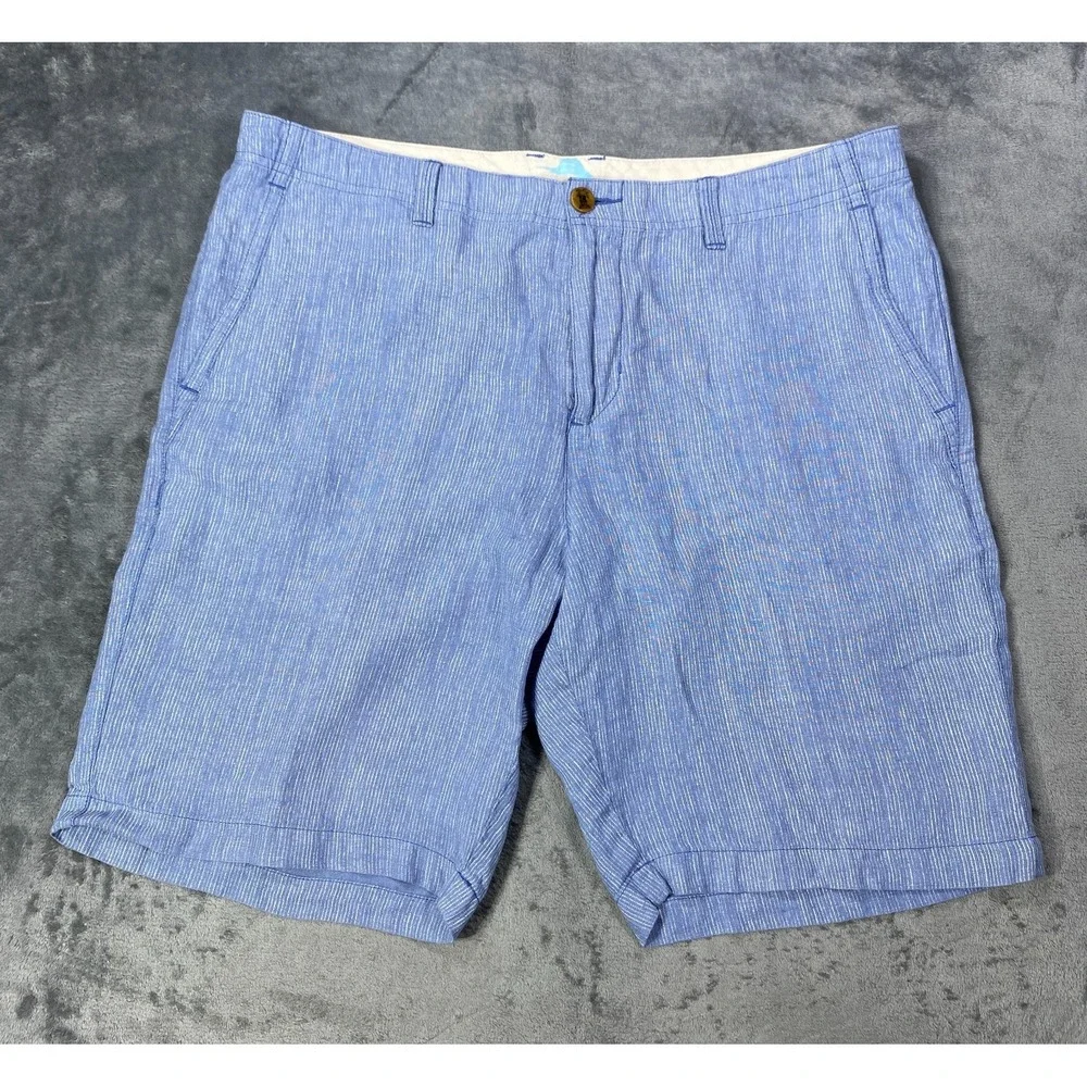 Tommy Bahama Relax Mens 35 Striped Shorts 100% Linen Blue White Ticking Stripe